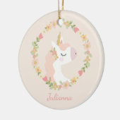 Unicornかわいらし赤面ピンクユニークフローラスクリプト セラミックオーナメント (左)
