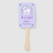 Unicornその女の子の紫の赤ちゃんシャワーパーソナライズされた ハンドファン (正面)