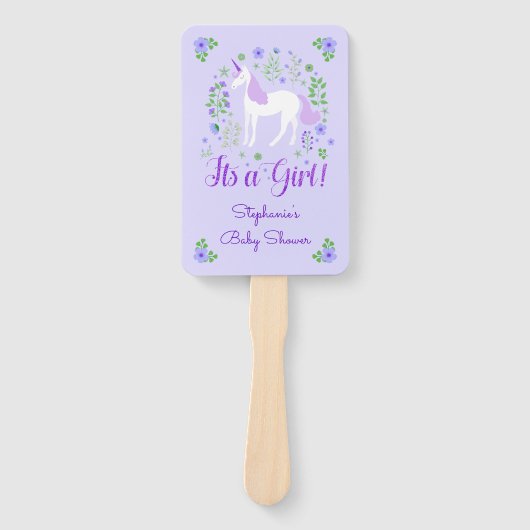 Unicornその女の子の紫の赤ちゃんシャワーパーソナライズされた ハンドファン (正面)