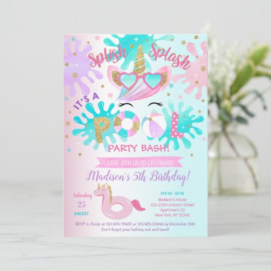 Unicornとのパーティーバースデーパーティ招待状のプール 招待状 (スタンド正面)