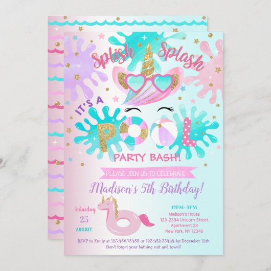 Unicornとのパーティーバースデーパーティ招待状のプール 招待状 (正面/裏面)