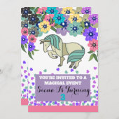 Unicornと花の誕生日の女の子の招待 招待状 (正面/裏面)