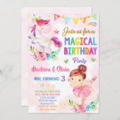 UnicornとBallerinaの女の子のための誕生日の招待 招待状 (正面/裏面)