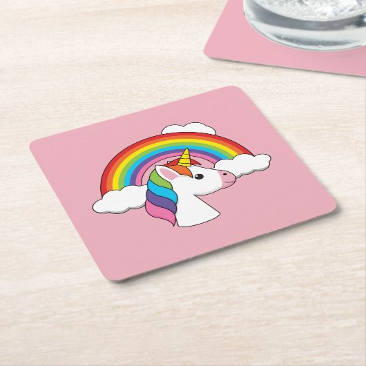 UnicornとRainbow with Cloudsかわいい スクエアペーパーコースター (アングル)