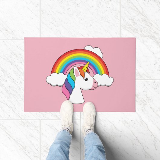 UnicornとRainbow with Cloudsかわいい ドアマット (室内)
