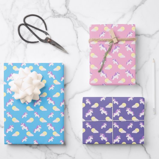 UnicornとSun Cloudsのパタ数々のーン色 ラッピングペーパーシート (正面)