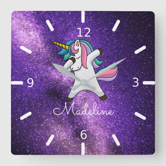 Unicornの名前/紫の宇宙を追加  スクエア壁時計 (正面)