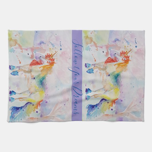 Unicornの水絵画色の夢のティータオル キッチンタオル (横)