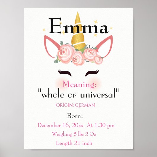 Unicornをテーマにした名前の意味keepsake子供部屋 ポスター (正面)