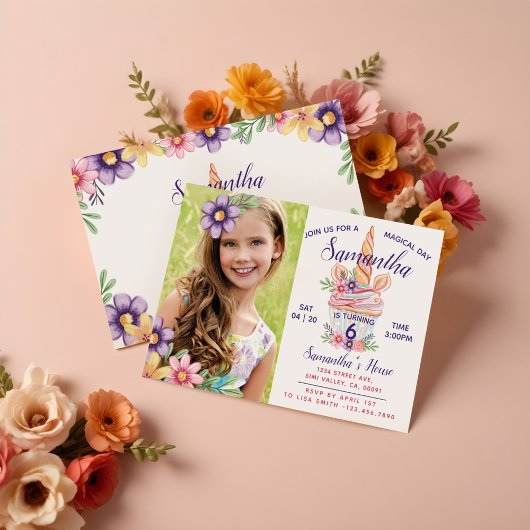 Unicornカップケーキ写真誕生日パーティーの招待 招待状