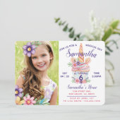 Unicornカップケーキ写真誕生日パーティーの招待 招待状 (スタンド正面)