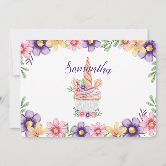 Unicornカップケーキ写真誕生日パーティーの招待 招待状 (裏面)