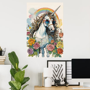 Unicornクール Vibes:サングラス、虹、バラ ポスター