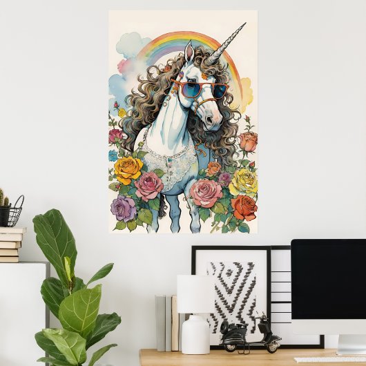 Unicornクール Vibes:サングラス、虹、バラ ポスター (ホームオフィス)