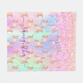 Unicornグリッターはピンクの名前ホログラフィックスクリプトを乾燥させる フリースブランケット (正面(横))