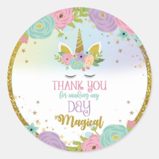 Unicornステッカー私の日を魔法で作ってくれてありがとう ラウンドシール (正面)