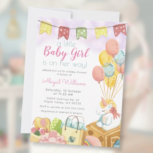 Unicornバルーンパーティー/ Girl on Her Way Baby Shower 招待状