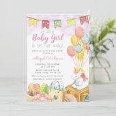 Unicornバルーンパーティー/ Girl on Her Way Baby Shower 招待状 (スタンド正面)