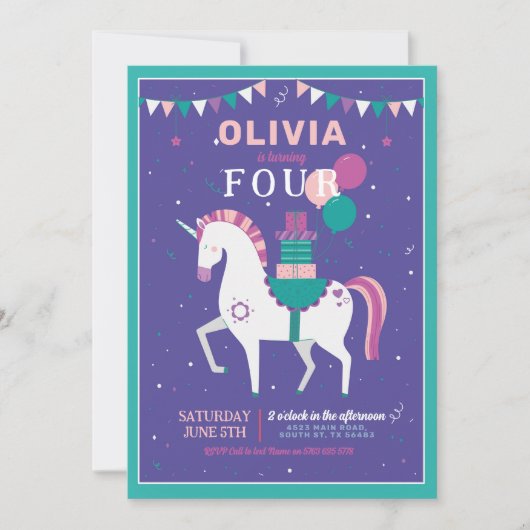 Unicornバルーン誕生日パーティギフトパープル 招待状 (正面)