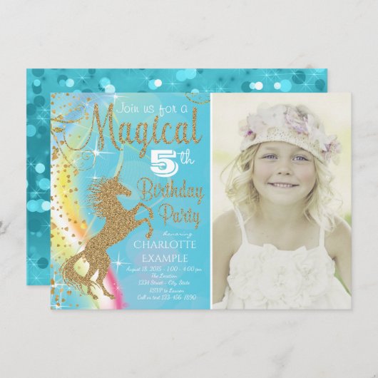 Unicornバースデーパーティ招待状写真 招待状 (正面/裏面)