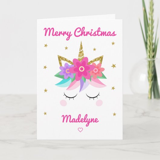 Unicornピンクの花のクリスマスパーソナライズされたの名前 シーズンカード (正面)