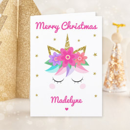 Unicornピンクの花のクリスマスパーソナライズされたの名前 シーズンカード