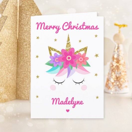 Unicornピンクの花のクリスマスパーソナライズされたの名前 シーズンカード