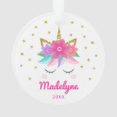Unicornピンクの花の星パーソナライズされた名 オーナメント (裏面)