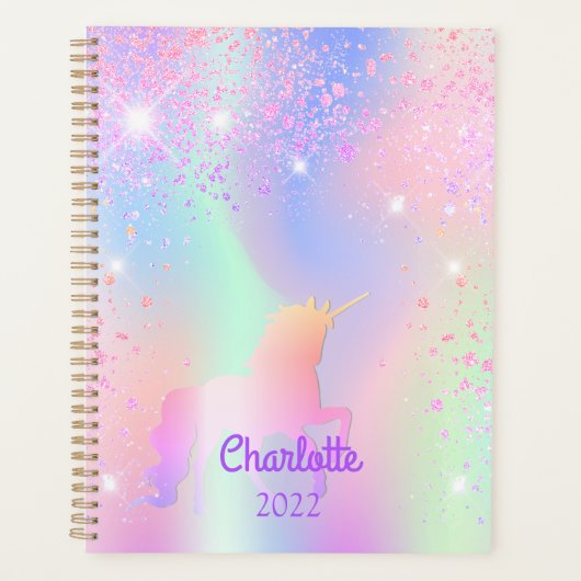 Unicornピンク紫ホログラフィック名2025 プランナー手帳 (正面)