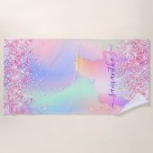 Unicornピンク紫色の名前ホログラフィックガール ビーチタオル (正面)