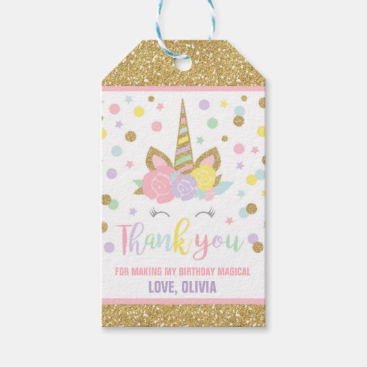 Unicornピンク&金ゴールドパーティー好意ありがとうラベル ギフトタグ (正面)