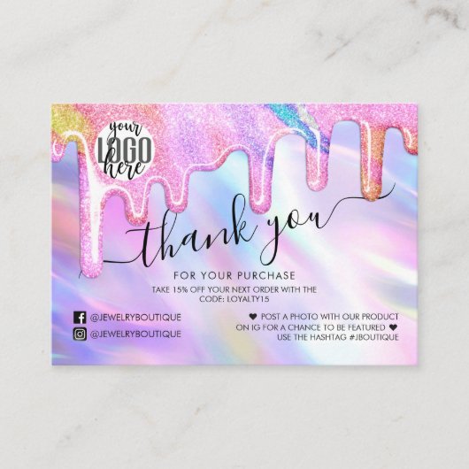 Unicornホログラフィックグリッターお客様ありがとうございます 名刺 (正面)