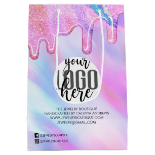 Unicornホログラフィックグリッター顧客業務 ミディアムペーパーバッグ