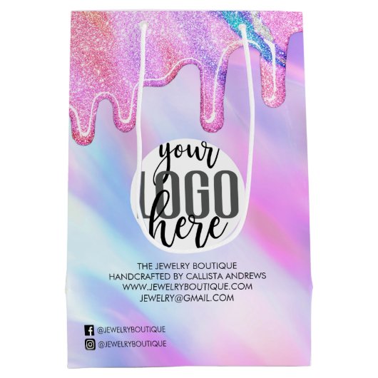 Unicornホログラフィックグリッター顧客業務 ミディアムペーパーバッグ (裏面)