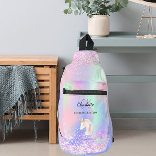 Unicornホログラフィックピンクのモノグラム名 スリングバッグ