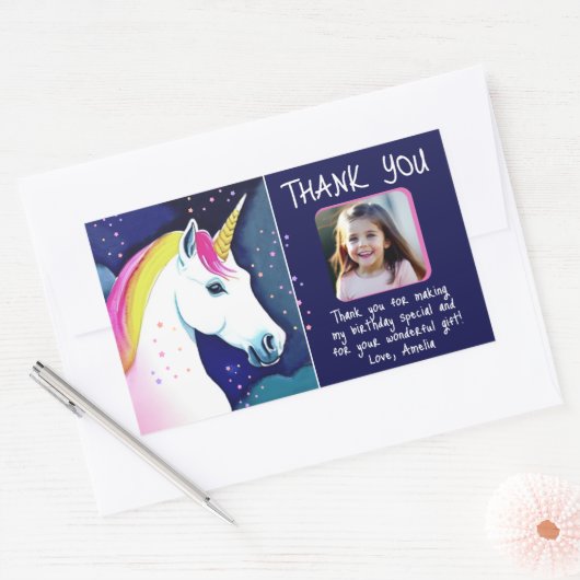 Unicornマジカルスターガールフォト誕生日ありがとう 長方形シール (封筒)
