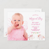 Unicorn写真1st誕生日パーティーの女の子の招待 ポストカード (正面/裏面)