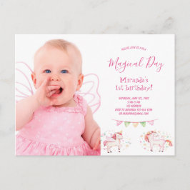 Unicorn写真1st誕生日パーティーの女の子の招待 ポストカード