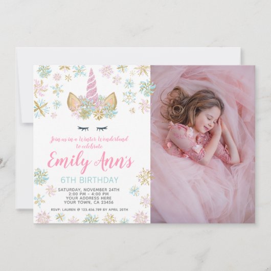 Unicorn冬の誕生日招待状と写真 招待状 (正面)