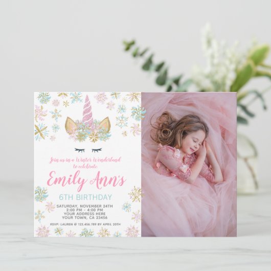 Unicorn冬の誕生日招待状と写真 招待状 (スタンド正面)