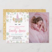 Unicorn冬の誕生日招待状と写真 招待状 (正面/裏面)