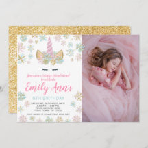 Unicorn冬の誕生日招待状と写真