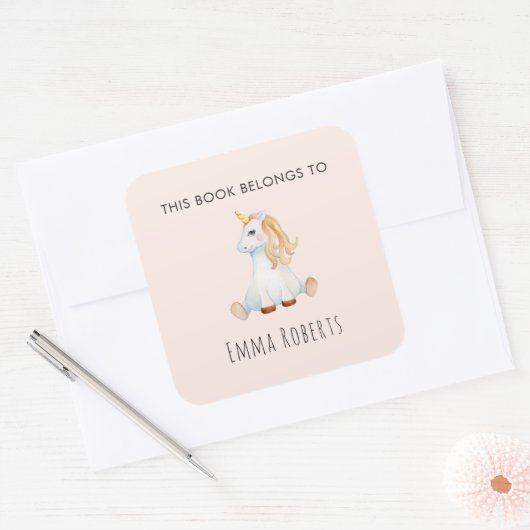 Unicorn女の子'この本は属する'子供の蔵書票 スクエアシール (封筒)