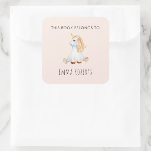 Unicorn女の子'この本は属する'子供の蔵書票 スクエアシール (バッグ)