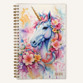 Unicorn水色スプラッシュパーソナライズされた花 ノートブック (正面)