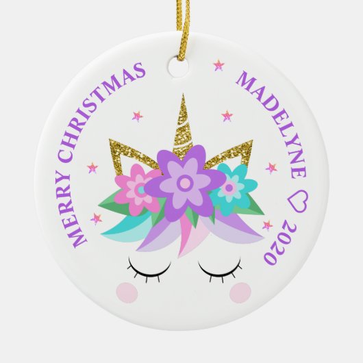 Unicorn紫色の花のグリッターパーソナライズされた名 セラミックオーナメント (正面)