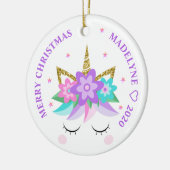 Unicorn紫色の花のグリッターパーソナライズされた名 セラミックオーナメント (左)