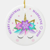 Unicorn紫色の花のグリッターパーソナライズされた名 セラミックオーナメント (裏面)
