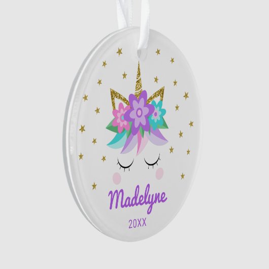Unicorn紫色の花の星パーソナライズされた名 オーナメント (正面)