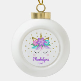 Unicorn紫色の花の星パーソナライズされた名 セラミックボールオーナメント